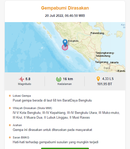 Bengkulu Diguncang Gempa 5 8 Magnitudo Resensinews Id